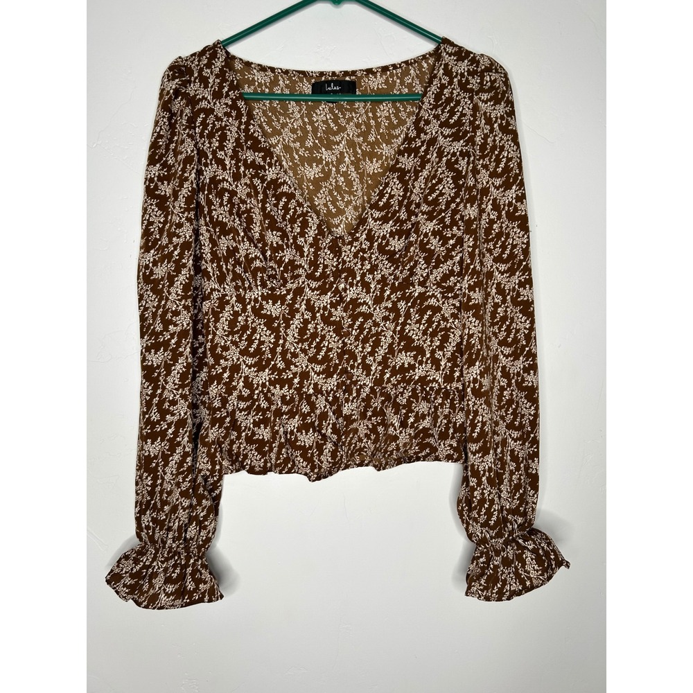 Lulus Brown Cream Floral Long Sleeve Blouse Ruffle Hem Size Small Fall Autumn